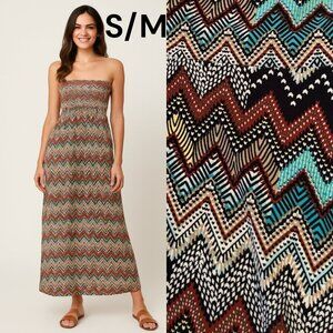 HOT KISS Strapless Sundress Size S/M Fall Colours Zig Zag Tribal Pattern Stretch